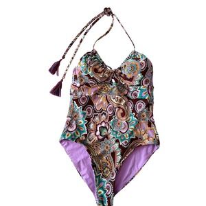 Becca by Rebecca Virtue Candice Groovy Paisley L Halter One Piece Swimsuit Multi